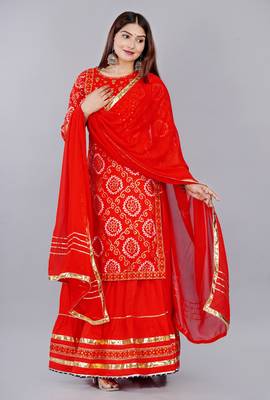 Embroidered pure cotton printed kurta skirt with dupatta set 1