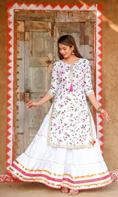 White and Pink Cotton Kurti Skirt Set with Silver Gota Patti Work  3