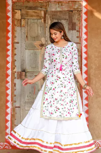 White and Pink Cotton Kurti Skirt Set with Silver Gota Patti Work 