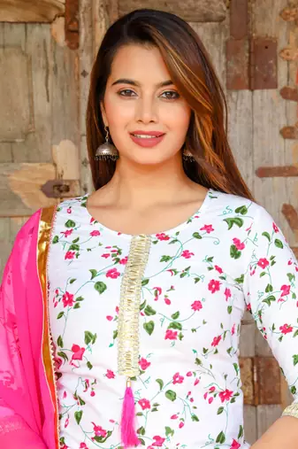 White and Pink Cotton Kurti Skirt Set with Silver Gota Patti Work 