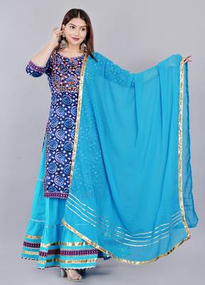 Blue embroidered pure cotton printed kurta skirt with dupatta set 1