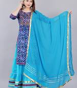 Blue embroidered pure cotton printed kurta skirt with dupatta set