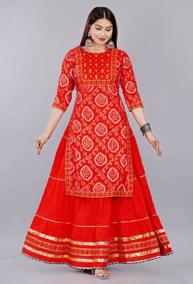 Embroidered pure cotton printed kurta skirt with dupatta set 4