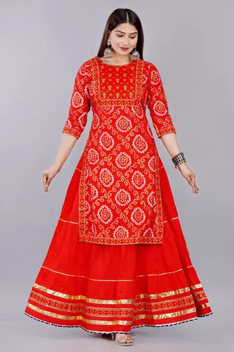 Embroidered pure cotton printed kurta skirt with dupatta set
