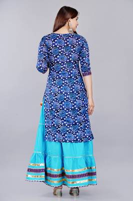 Blue embroidered pure cotton printed kurta skirt with dupatta set 2