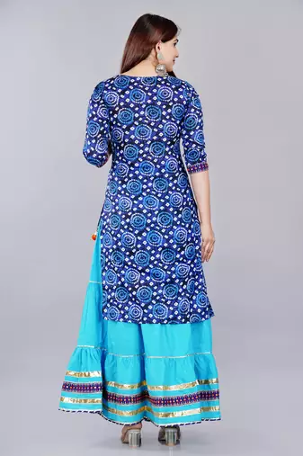 Blue embroidered pure cotton printed kurta skirt with dupatta set