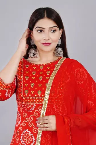 Embroidered pure cotton printed kurta skirt with dupatta set