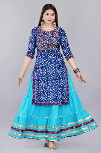 Blue embroidered pure cotton printed kurta skirt with dupatta set