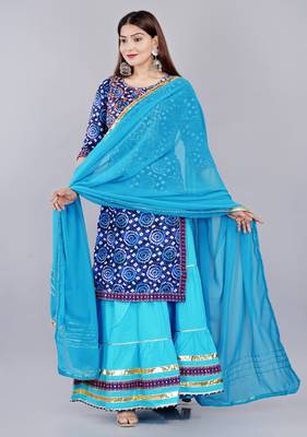 Blue embroidered pure cotton printed kurta skirt with dupatta set 4