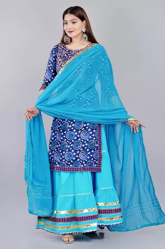 Blue embroidered pure cotton printed kurta skirt with dupatta set