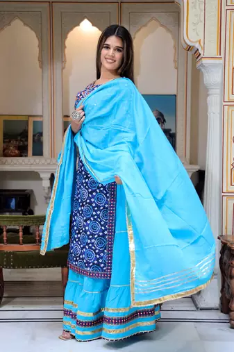 Pure cotton embroidered , printed kurta  skirt with dupatta set for luxurious party wear dress