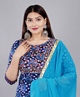 Blue embroidered pure cotton printed kurta skirt with dupatta set 5