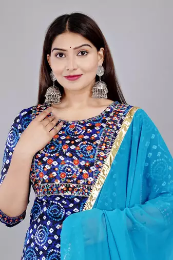 Blue embroidered pure cotton printed kurta skirt with dupatta set