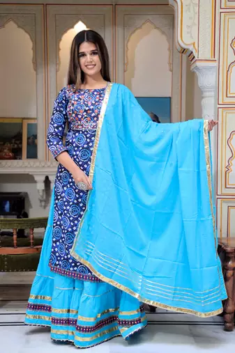 Pure cotton embroidered , printed kurta  skirt with dupatta set for luxurious party wear dress