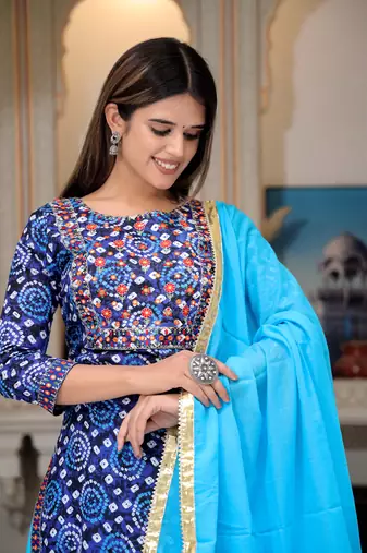 Pure cotton embroidered , printed kurta  skirt with dupatta set for luxurious party wear dress