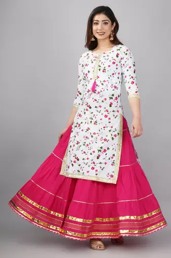 Embroidered pure cotton printed kurta skirt with dupatta set