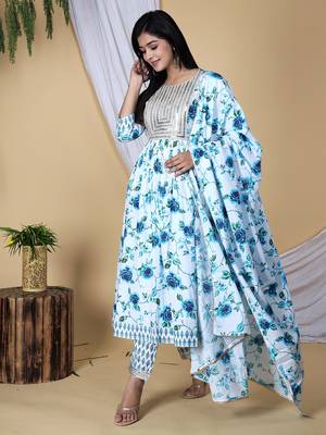 Embroidered pure cotton printed kurta, pant with dupatta set 1