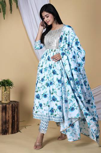Embroidered pure cotton printed kurta, pant with dupatta set