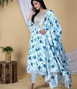 Embroidered pure cotton printed kurta, pant with dupatta set