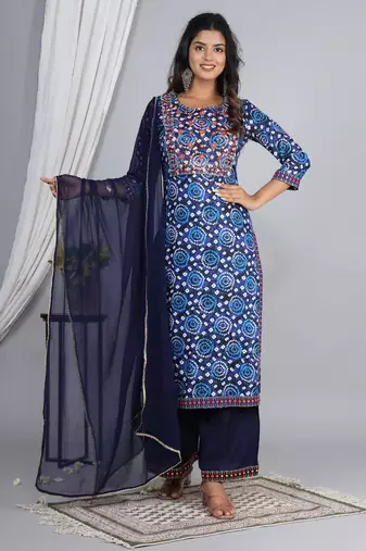 Embroidered straight rayon kurta palazzo with dupatta set