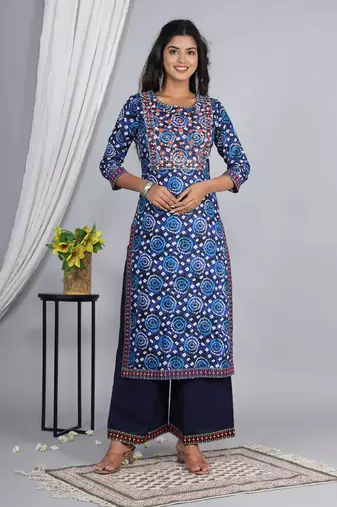 Embroidered straight rayon kurta palazzo with dupatta set