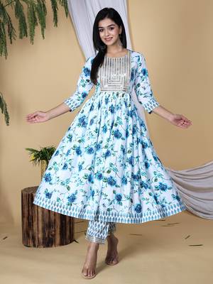 Embroidered pure cotton printed kurta, pant with dupatta set 4