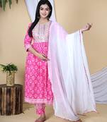 Pink embroidered pure cotton printed kurta, pant with dupatta set