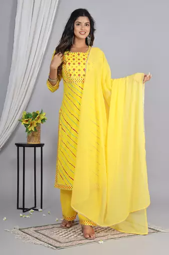 Embroidered straight rayon kurta palazzo with dupatta set
