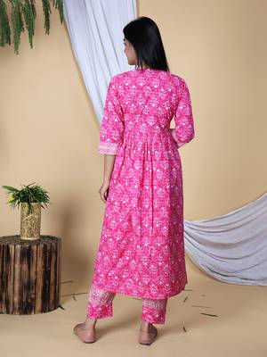 Pink embroidered pure cotton printed kurta, pant with dupatta set 2