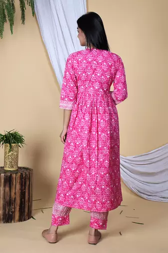 Pink embroidered pure cotton printed kurta, pant with dupatta set