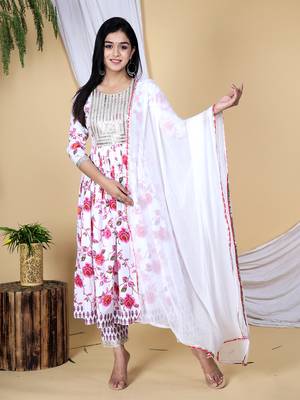 Pink embroidered pure cotton printed kurta, pant with dupatta set 1
