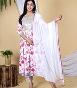 Pink embroidered pure cotton printed kurta, pant with dupatta set