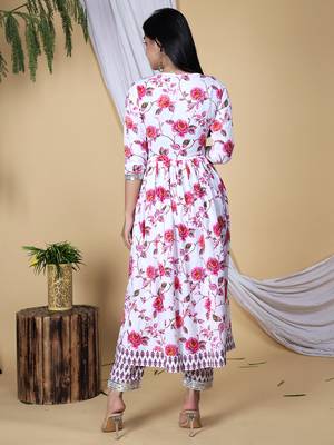 Pink embroidered pure cotton printed kurta, pant with dupatta set 2