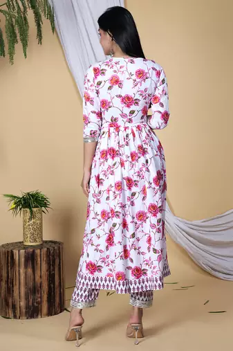Pink embroidered pure cotton printed kurta, pant with dupatta set