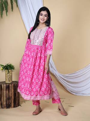 Pink embroidered pure cotton printed kurta, pant with dupatta set 4
