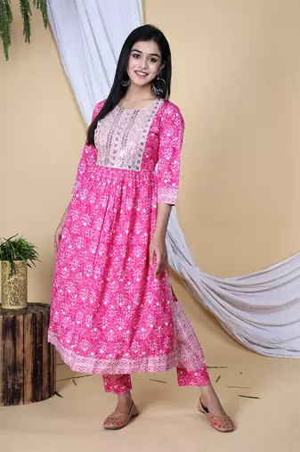 Pink embroidered pure cotton printed kurta, pant with dupatta set
