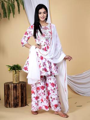 A-line embroidered short kurti sharara with dupatta set 1
