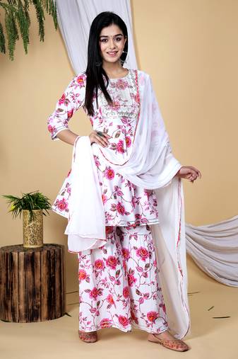 A-line embroidered short kurti sharara with dupatta set