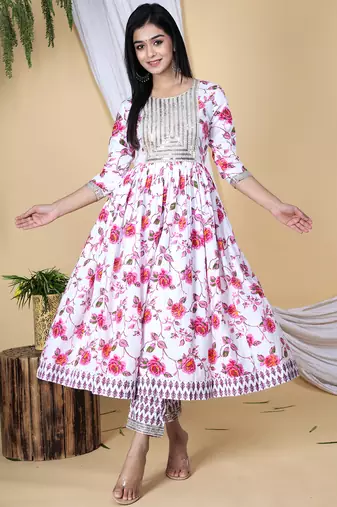 Pink embroidered pure cotton printed kurta, pant with dupatta set