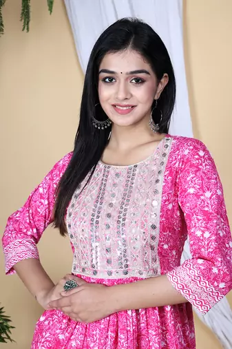 Pink embroidered pure cotton printed kurta, pant with dupatta set