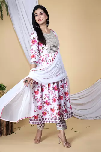 Pink embroidered pure cotton printed kurta, pant with dupatta set