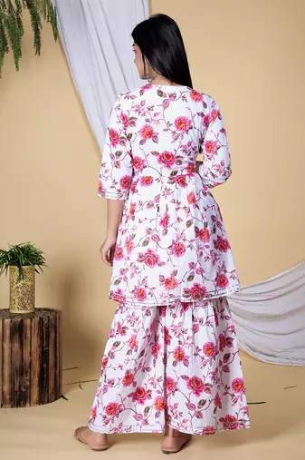 A-line embroidered short kurti sharara with dupatta set
