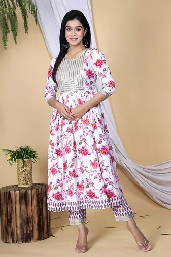 Pink embroidered pure cotton printed kurta, pant with dupatta set