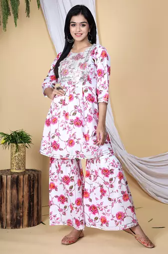A-line embroidered short kurti sharara with dupatta set
