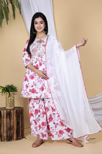 A-line embroidered short kurti sharara with dupatta set