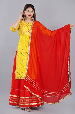 Embroidered pure cotton printed kurta skirt with dupatta set 1
