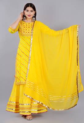 Yellow embroidered pure cotton printed kurta skirt with dupatta set 1