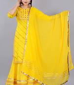Yellow embroidered pure cotton printed kurta skirt with dupatta set