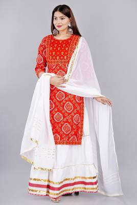 Embroidered pure cotton printed kurta skirt with dupatta set 1