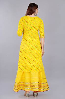 Yellow embroidered pure cotton printed kurta skirt with dupatta set 2